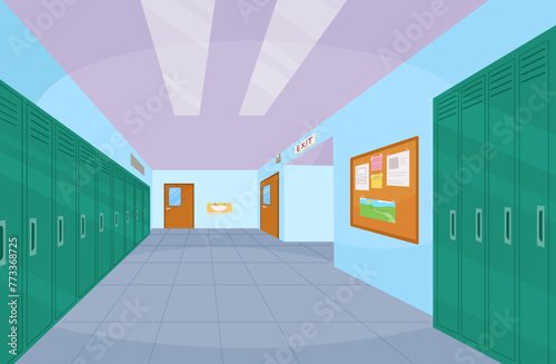 School hallway interior with entrance doors, lockers and bulletin board on wall. Vector cartoon illustration of empty corridor in college, university with closed classrooms doors
