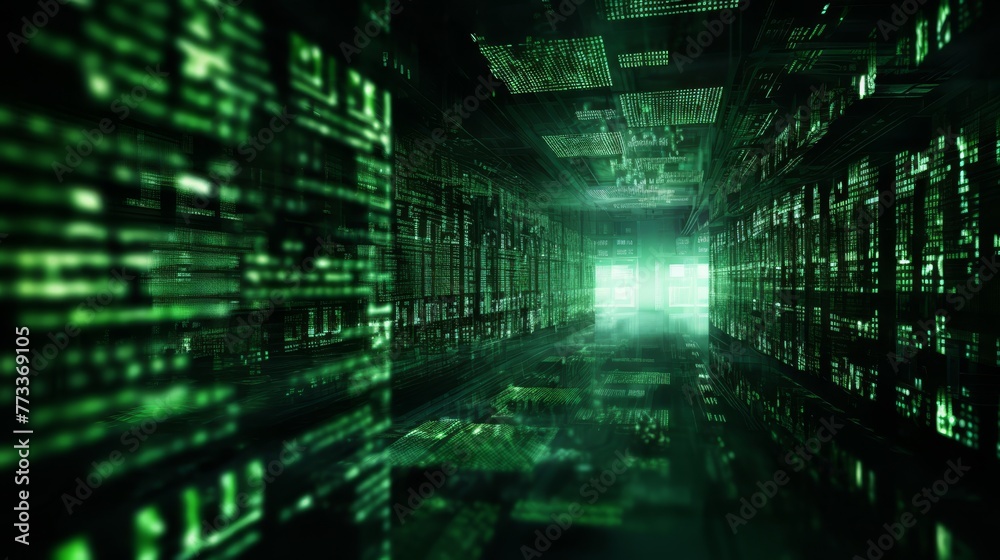 Matrix of Green Code Falling Across Multiple Screens
