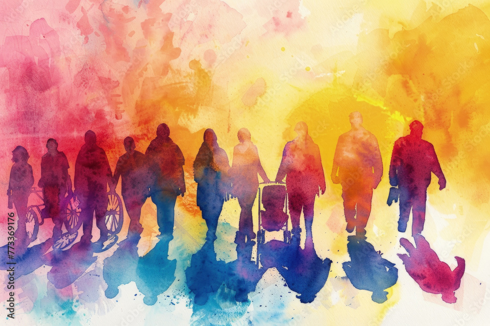 Obraz premium A vibrant illustration showcases silhouettes of a diverse group against a rainbow watercolor backdrop