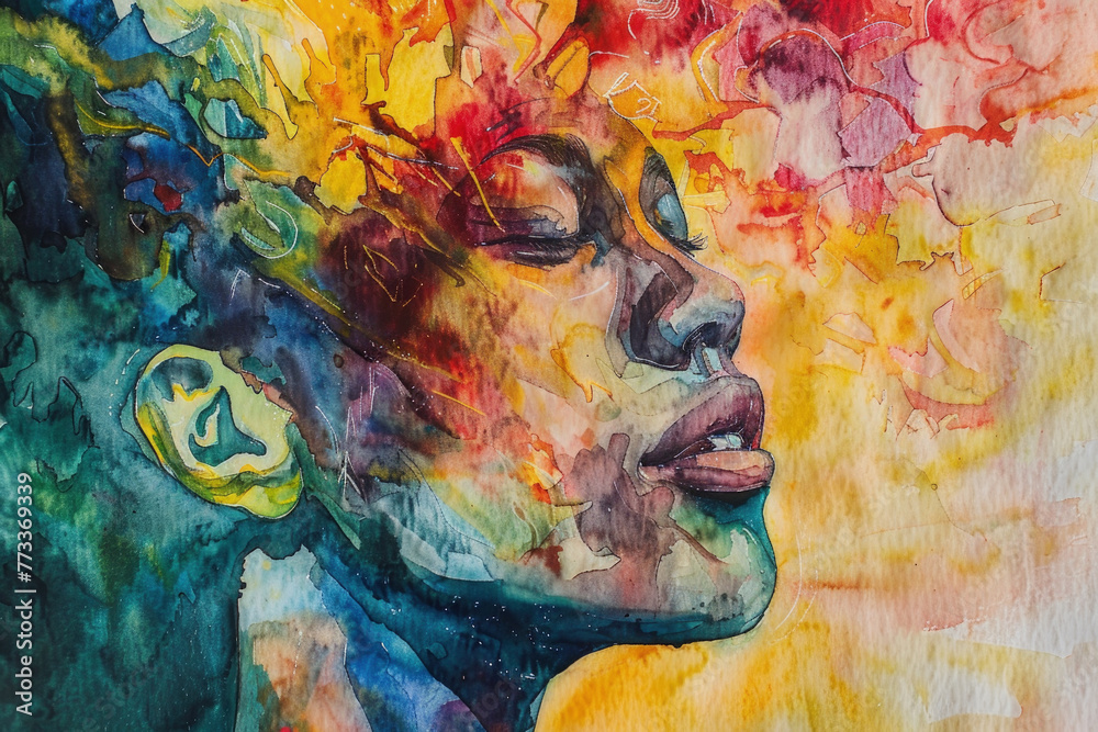 A side profile watercolor painting captures a womans face in a burst of ...