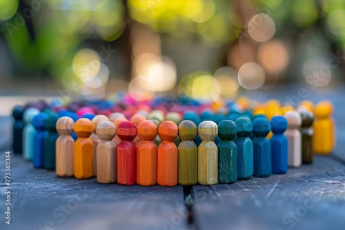 Colorful wooden dolls representing people, concept of diversity and plurality photo