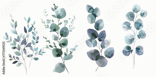 Four watercolor leaves in varying shades of green and yellow arranged neatly on a white background