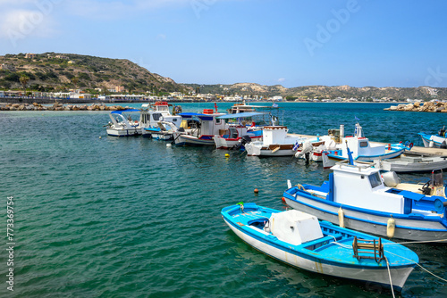 Colorful fishing boats moored in the port of Kefalos on the island of Kos. Greece