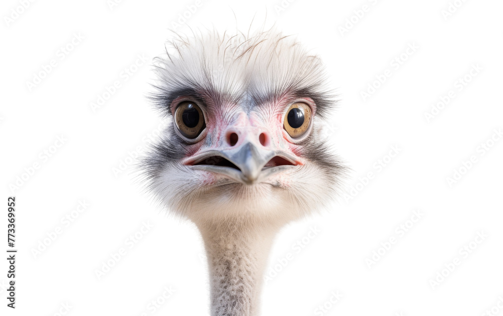 A close-up of an ostrichs head against a white background, showcasing its majestic presence and piercing gaze