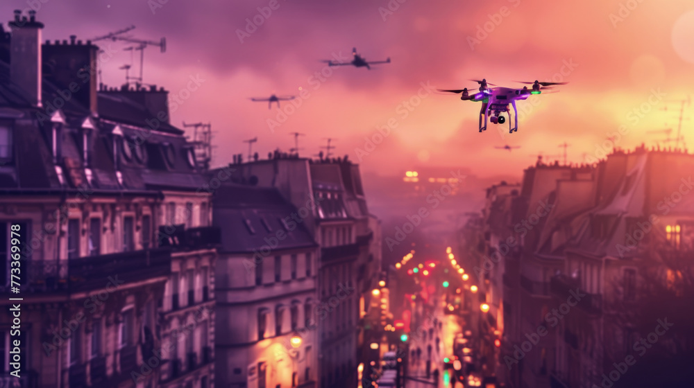 A fleet of drones flies above a bustling city street against a vivid dusk sky - obrazy, fototapety, plakaty 