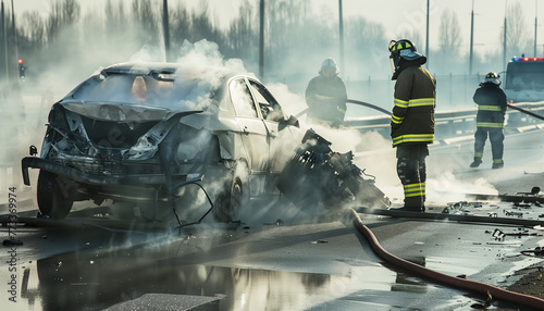 Car accident zone with smoke and glass shards on the road  photo