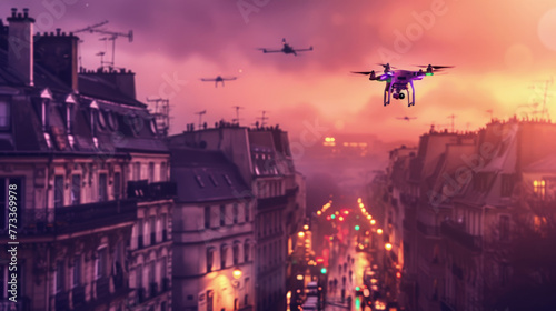 A fleet of drones flies above a bustling city street against a vivid dusk sky photo