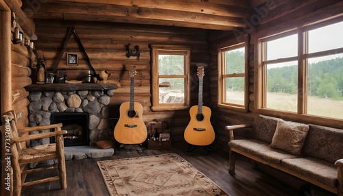 A Rustic Cabin Interior With An Acoustic Guitar Ha