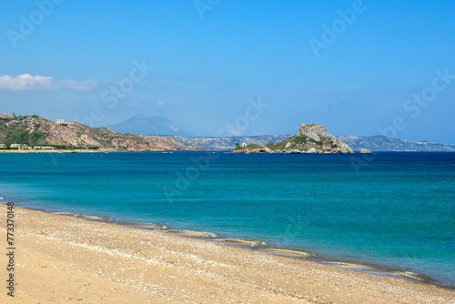 Kefalos beach, a long beach of sand and fine pebbles on the island of Kos. Greece