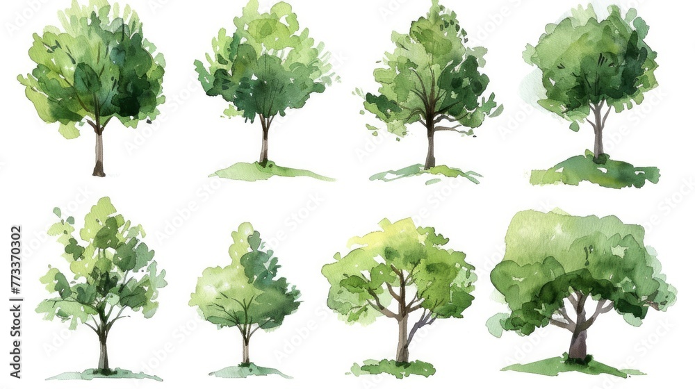 Spring botanical section including a set of watercolor green trees isolated on a white backdrop for drawing landscapes.