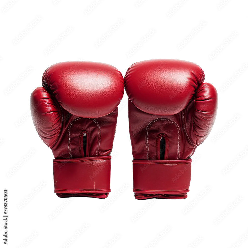 A dynamic pair of red boxing gloves resting on a clean white background