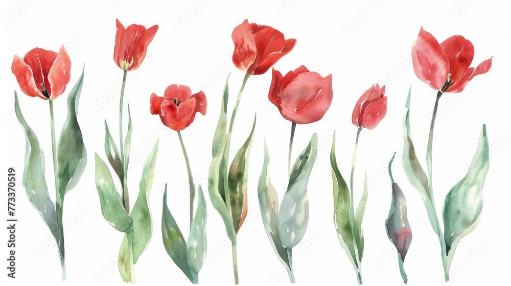 blossoms in spring. White background with red tulips bouquet. Drawing in watercolor. Tulips painted in watercolor