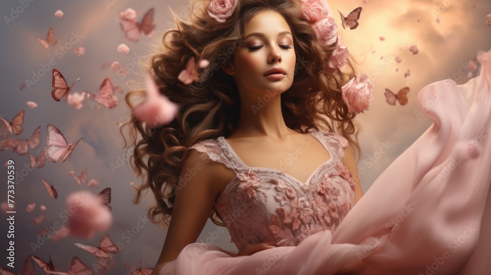A beautiful woman with long hair and colorful butterflies flying around her head, photo realistic, in the style of teal background A beautiful woman with long hair and colorful butterflies flying around her head, photo realistic, in the style of teal background