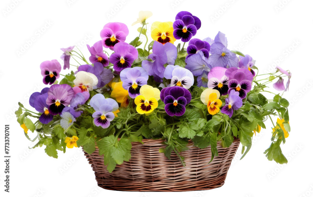 A vibrant assortment of purple and yellow pansies fills a charming basket