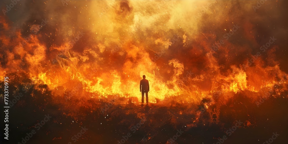 A man confronts a blazing wildfire in a foreboding artwork representing devastation and the battle against terrorism. Concept Wildfire, Devastation, Terrorism, Battle, Confrontation