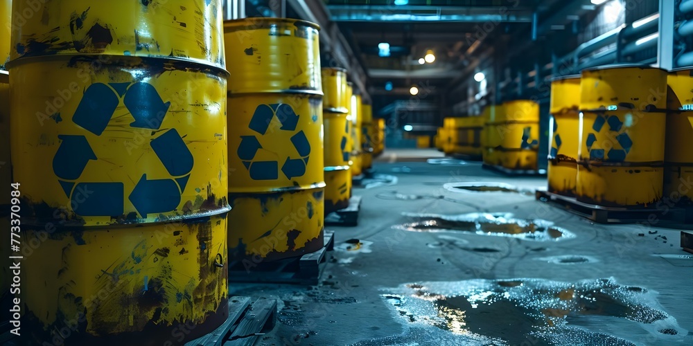 Secure industrial facility storing barrels of radioactive waste with