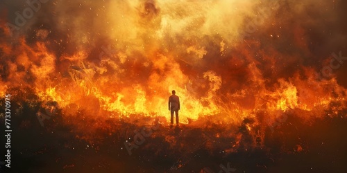 A man confronts a blazing wildfire in a foreboding artwork representing devastation and the battle against terrorism. Concept Wildfire, Devastation, Terrorism, Battle, Confrontation