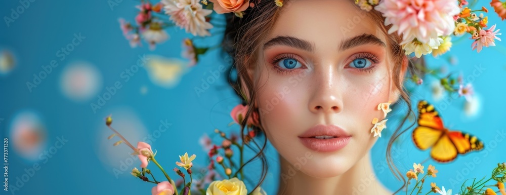 A beautiful woman with long hair and colorful butterflies flying around her head, photo realistic, in the style of teal background A beautiful woman with long hair and colorful butterflies flying around her head, photo realistic, in the style of teal background
