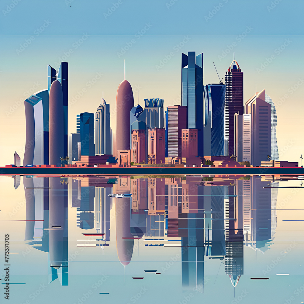 A gradient vector skyline illustration of Doha City, Qatar. Beautiful landscape.