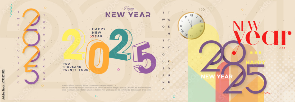 Retro vector background happy new year 2025. Colorful design with pastel colors. Premium vector design for 2025 new year banner, poster, template.