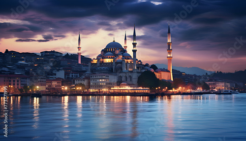 Night view of the beautiful mosque with sea photo