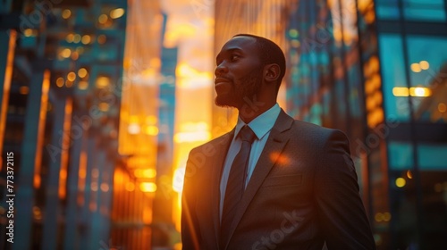 Happy wealthy rich successful black businessman standing in big city modern skyscrapers street on sunset thinking of successful vision, dreaming of new investment opportunities