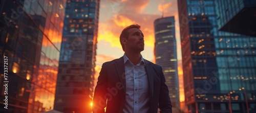 Happy wealthy rich successful black businessman standing in big city modern skyscrapers street on sunset thinking of successful vision, dreaming of new investment opportunities