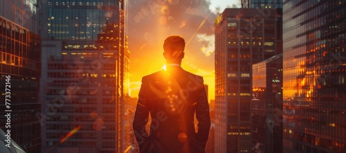 Happy wealthy rich successful black businessman standing in big city modern skyscrapers street on sunset thinking of successful vision, dreaming of new investment opportunities