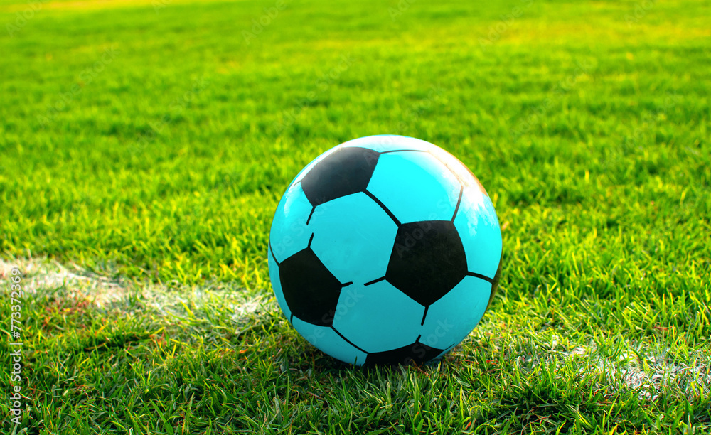 Obraz premium Imagen horizontal de una pelota color azul en un campo de futbol Soccer al atardecer ideal para el día del niño 