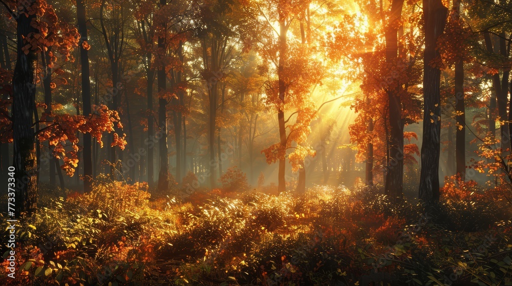 A forest with trees in the foreground and background. The sun is shining through the trees, creating a warm and peaceful atmosphere