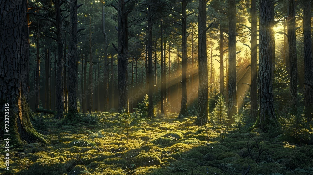 Obraz premium A forest with sunlight shining through the trees. The light is casting shadows on the ground, creating a serene and peaceful atmosphere