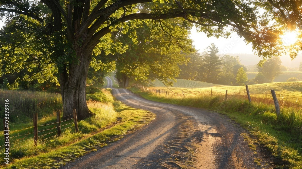 Obraz premium Explore the tranquil beauty of a winding country road, meandering through picturesque countryside, inviting an idyllic journey