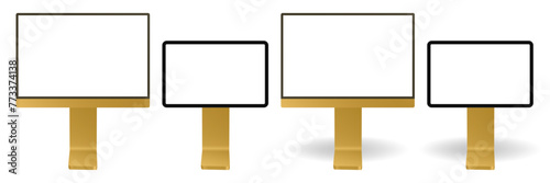 Set of black and gold information panels. Screen mockup, empty frame. Display or signboards isolated on a transparent background. 3d mockup of a signboard with transparent or white screen and shadow photo