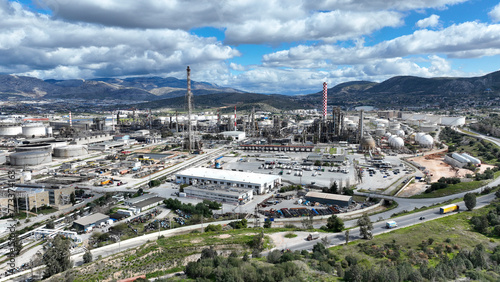 Aerial drone photo of Hellenic Petrol ELPE refinery in industrial area of Aspropirgos, bay of Elefsina, Attica, Greece photo