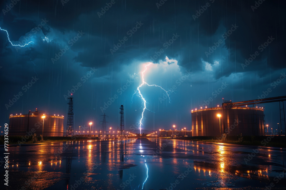 Lightning struck an oil refinery. An overnight thunderstorm and lightning struck an oil products warehouse at an oil refinery.