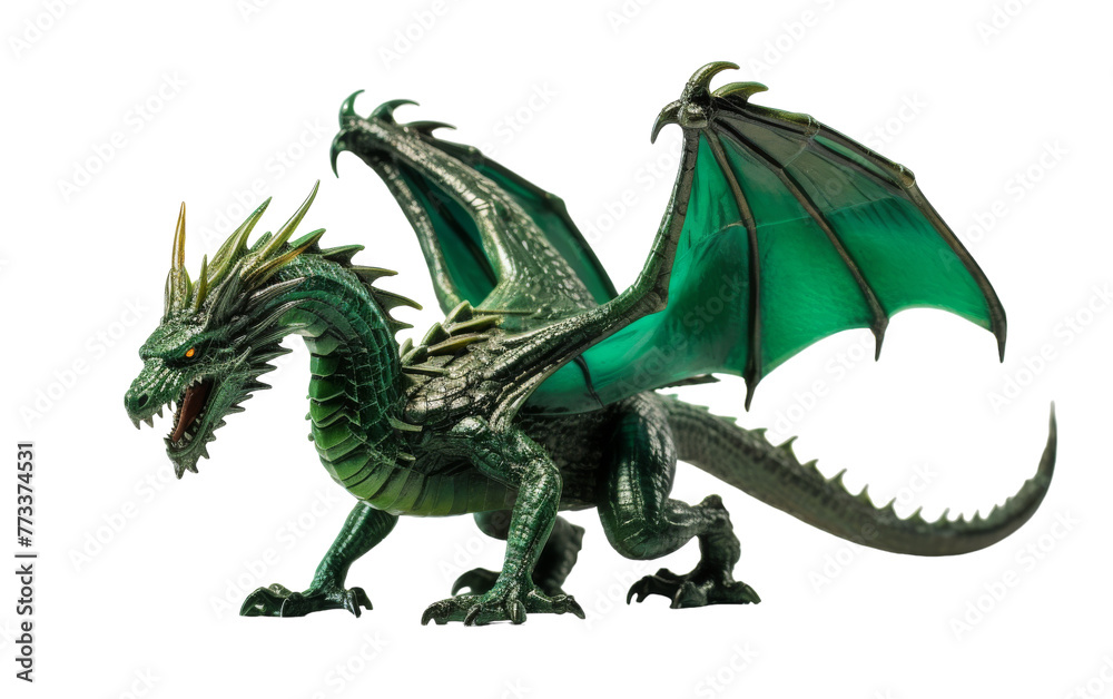A vibrant green dragon figurine calmly rests atop a pristine white surface A vibrant green dragon figurine calmly rests atop a pristine white surface