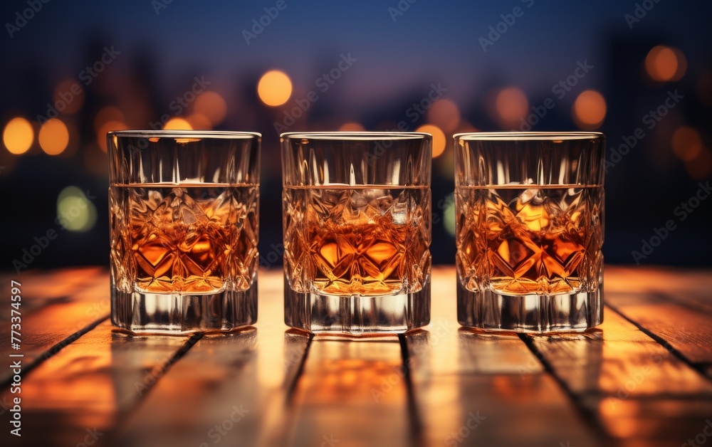 Three glasses of whiskey rest on a table, exuding warmth and elegance in a dimly lit room - obrazy, fototapety, plakaty 