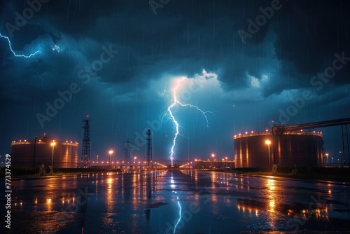 Lightning struck an oil refinery. An overnight thunderstorm and lightning struck an oil products warehouse at an oil refinery.
