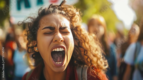 Close-up of young woman shouting while protesting for rights © Mustafa