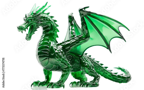A vibrant green glass figurine of a dragon, poised as if ready to take flight photo