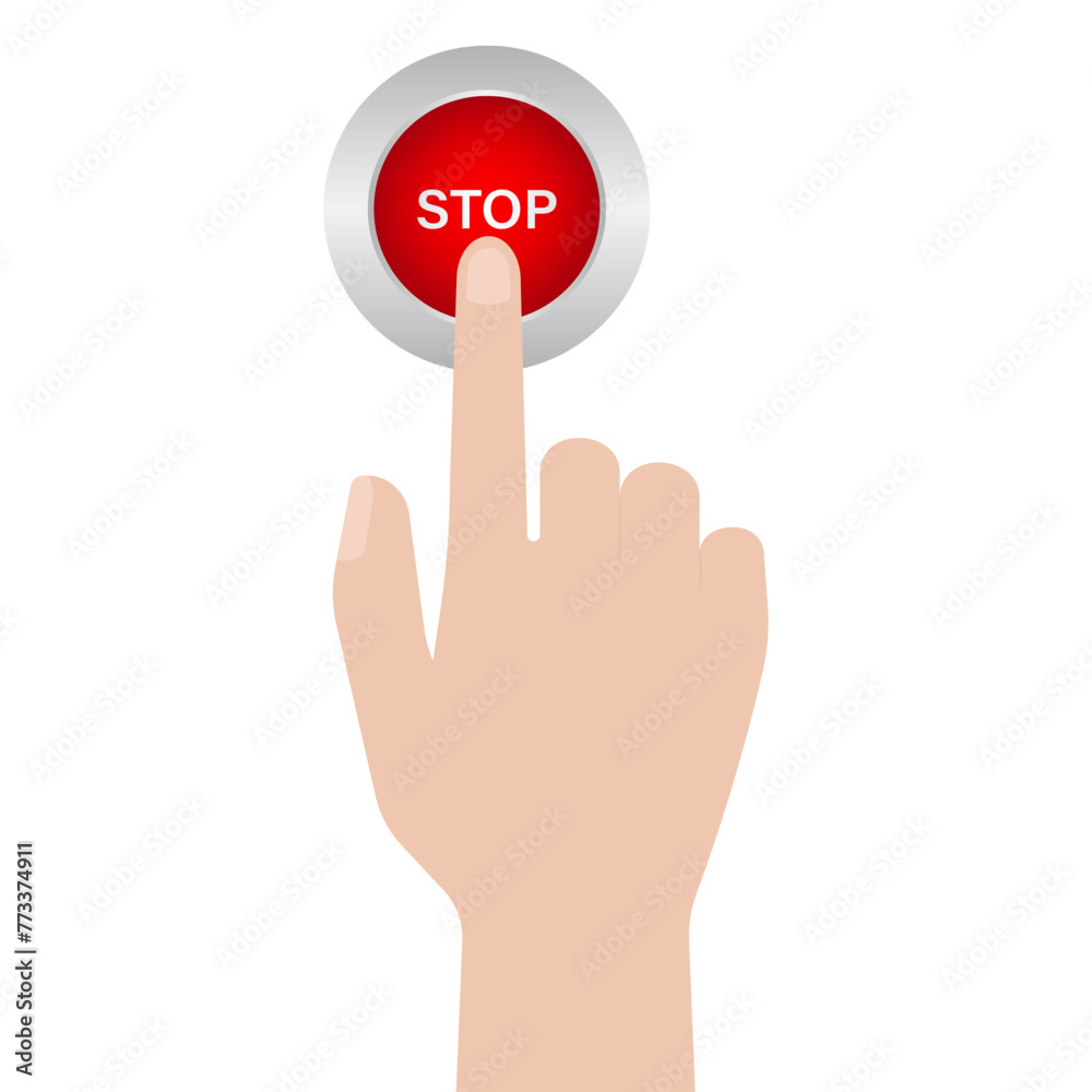 Hand Pressing Stop Button. Hand Click. Vector Illustration Isolated on White Background. Hand Pressing Stop Button. Hand Click. Vector Illustration Isolated on White Background.