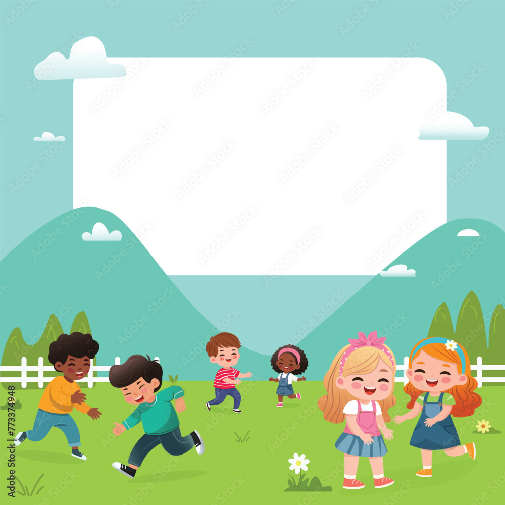Banner template design with children of different nationalities. Vector illustration