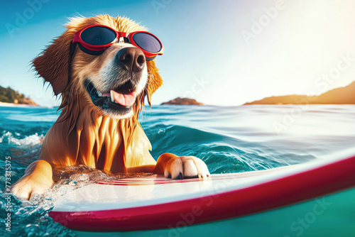 A surfer dog swims through the sea waves on a special surfboard. The concept of animals doing sea sports. © andov