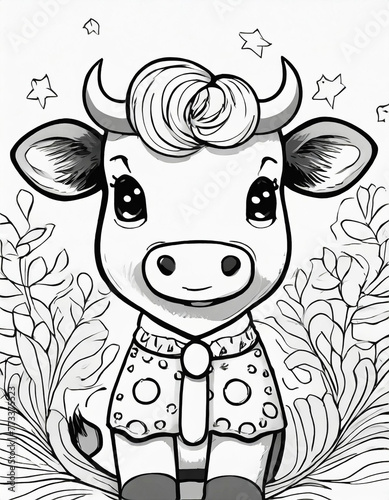 Cow coloring page for Kids  black and white.