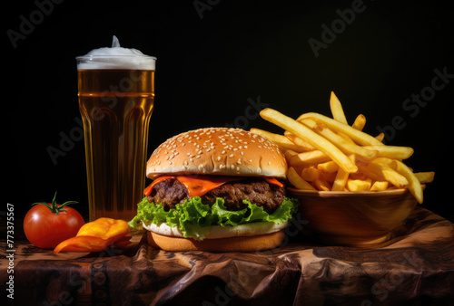 Hamburger with french fries and drink on dark blackbackground studio, on wooden plate, tabletop.