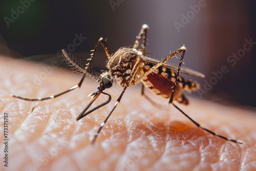 A large mosquito lands on a person's skin and sticks its proboscis into it. Mosquito bite, blood-sucking insects, fever, infection.