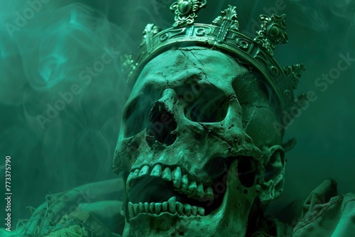 a real skull knight on a green background wearing a crown