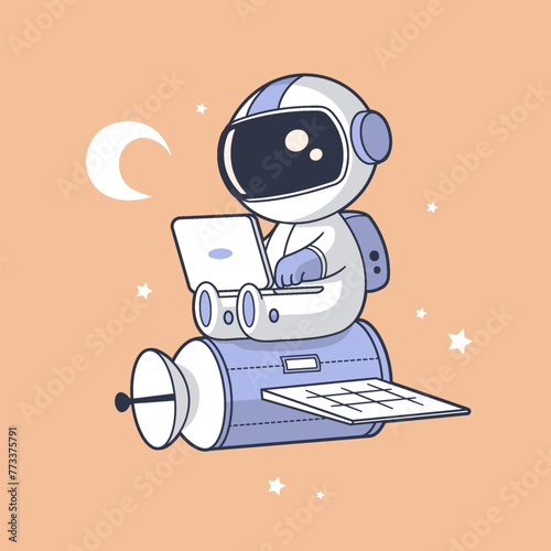 Funny astronaut sitting on a space satellite working on a laptop vector cartoon illustration in vintage style (ID: 773375791)
