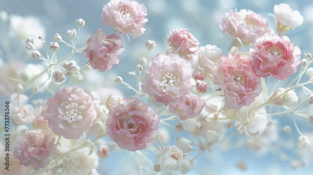 delicate white and pink lush flowers on a blue background