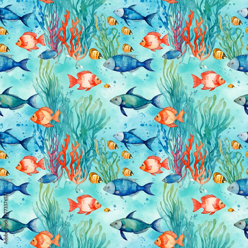 Seamless marine pattern with a picture of the underwater world